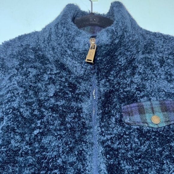 Pendleton Womens Sherpa Fleece Jacket S/CH Navy Blue Plaid Accent Zip-Up Collar - Picture 4 of 8